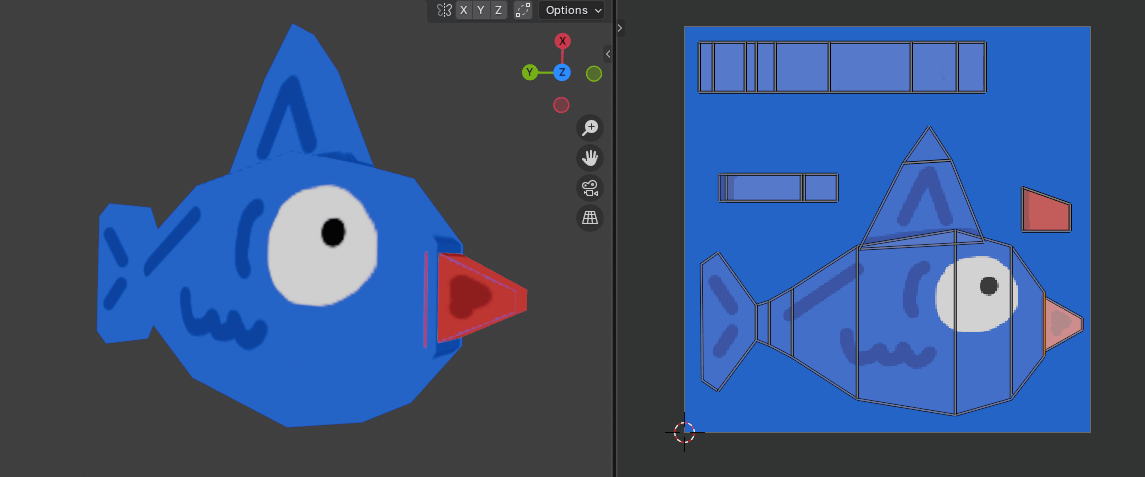 close up of a 3D model of a fish and its texture