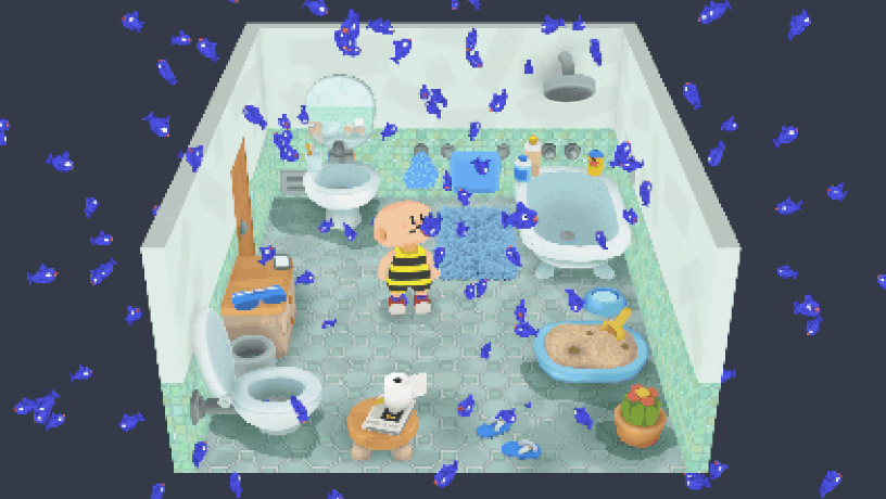 gif of several small blue fishes swimming in a bathroom with a bald man on the center