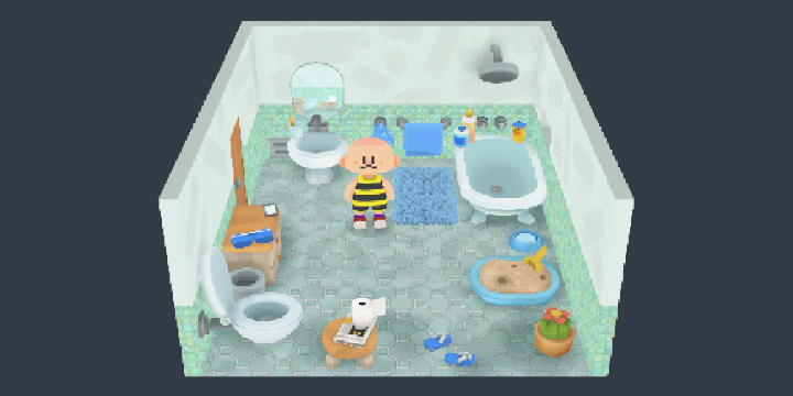 Static image of a bathroom, that has a bathtube, a sink and mirror, a cabinet, a toilet, a catlitter, a flower and a bathroom stool with a cat magazine on top. In the center of the bathroom, there is a bald character looking at the camera.