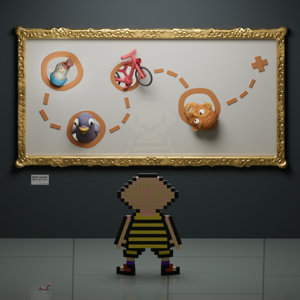 Picture of my bald character standing with his back towards us, looking at a wall of my 3D works