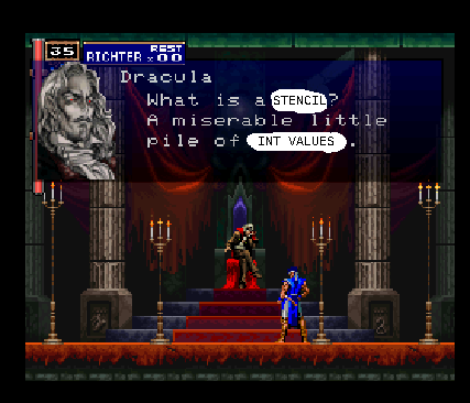 Castlevania Symphony of the Night meme, saying What is a stencil? A miserable little pile of int values