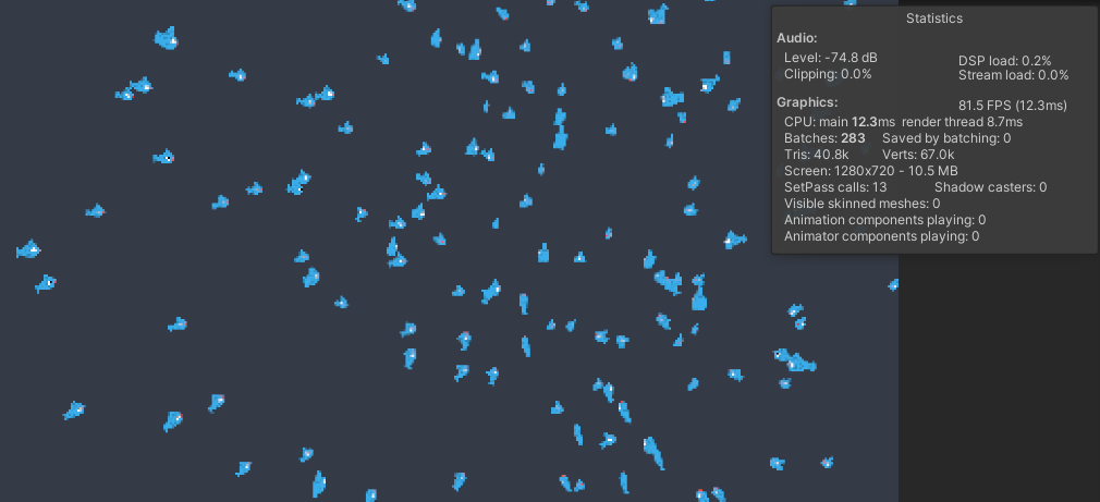 My boids stats: ~80FPS, CPU 12.3 ms and GPU 8.7ms. I’m CPU-bound!