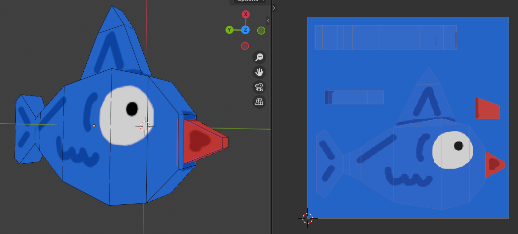 3D image of a blue fish with its eye open and a red mouth, side by side with an image of the model's texture